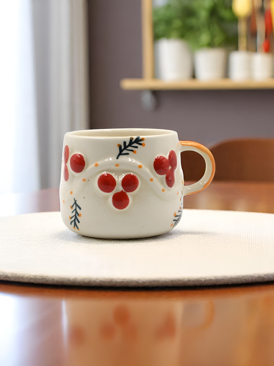 The Pottery Muse White & Red Graphic Textured Ceramic Glossy Mugs 250ml