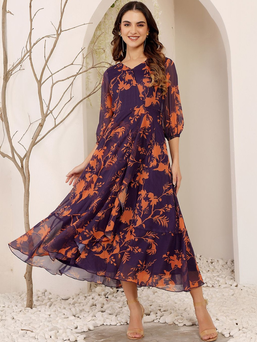 Women's V-Neck Three-Quarter Sleeve Floral Wrap Chiffon Midi Dress