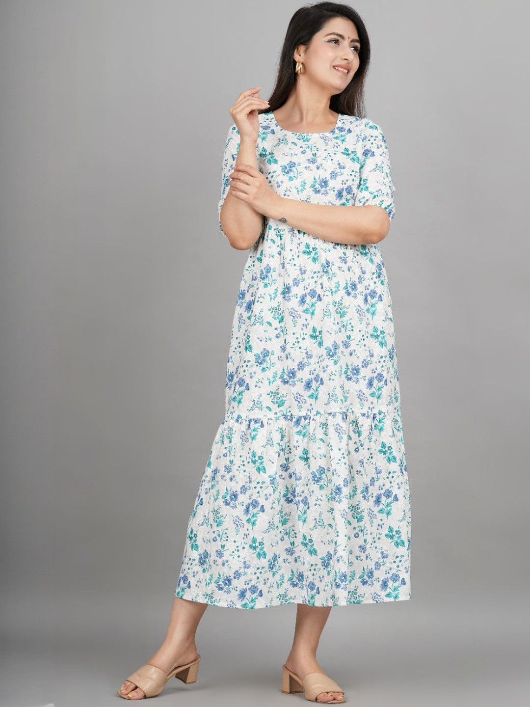 TEESHA Floral Print Round Neck Fit And Flare Midi Dress