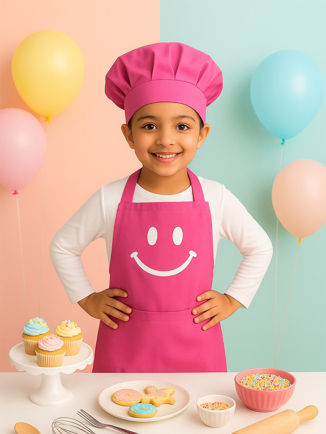 SWITCHON Pink & White Smiley Printed Waterproof Apron With Elasticated Cap