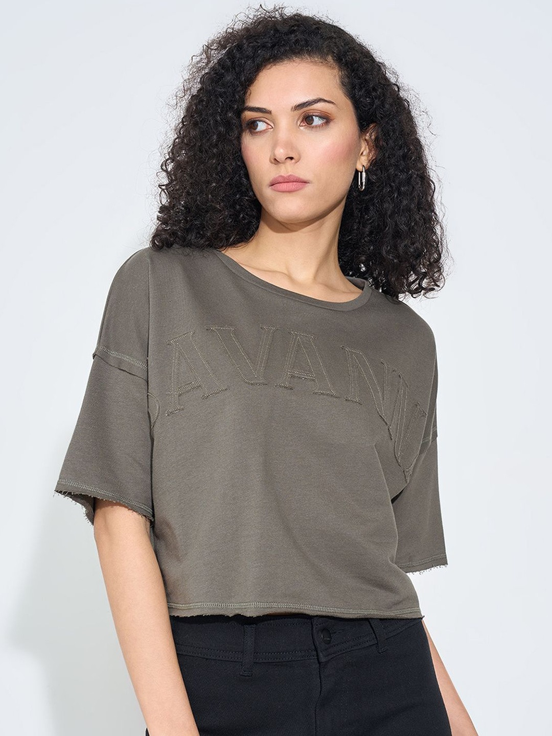 SF JEANS by Pantaloons Embroidered Cotton Boxy Crop Top
