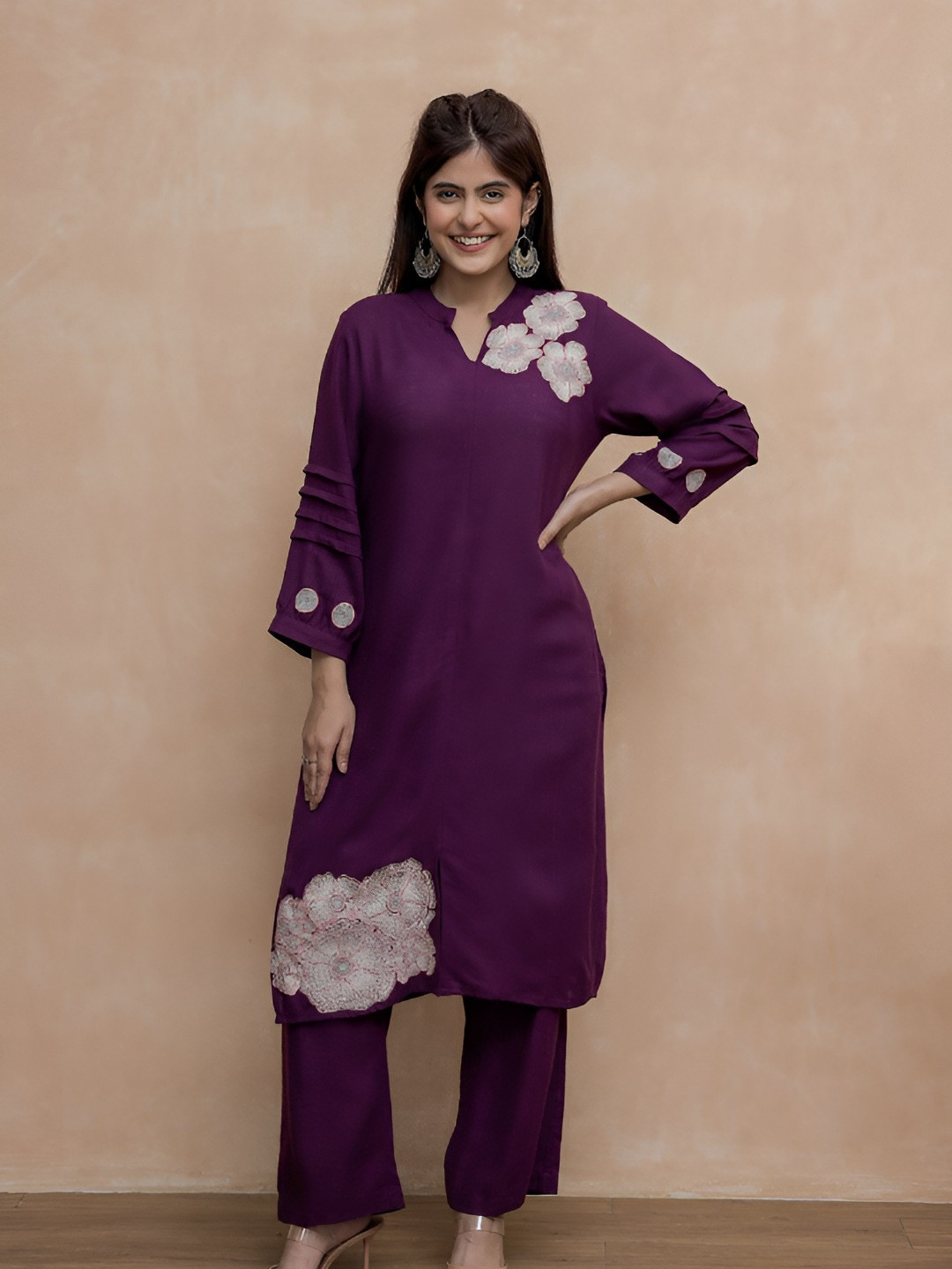 CUSTARD Women Purple Embroidery Cotton Collar Neck Kurta with Straight Pant Set