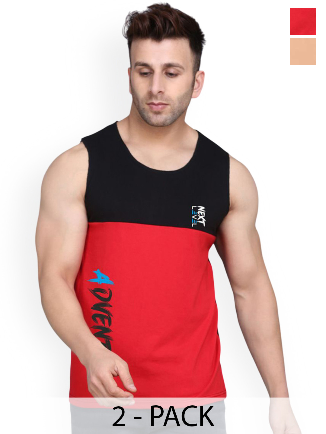 SLOWLORIS Men Pack Of 2 Combed Cotton Gym Vests VSL26 CMB(ADV BLACKRED)(PLAIN RUST)