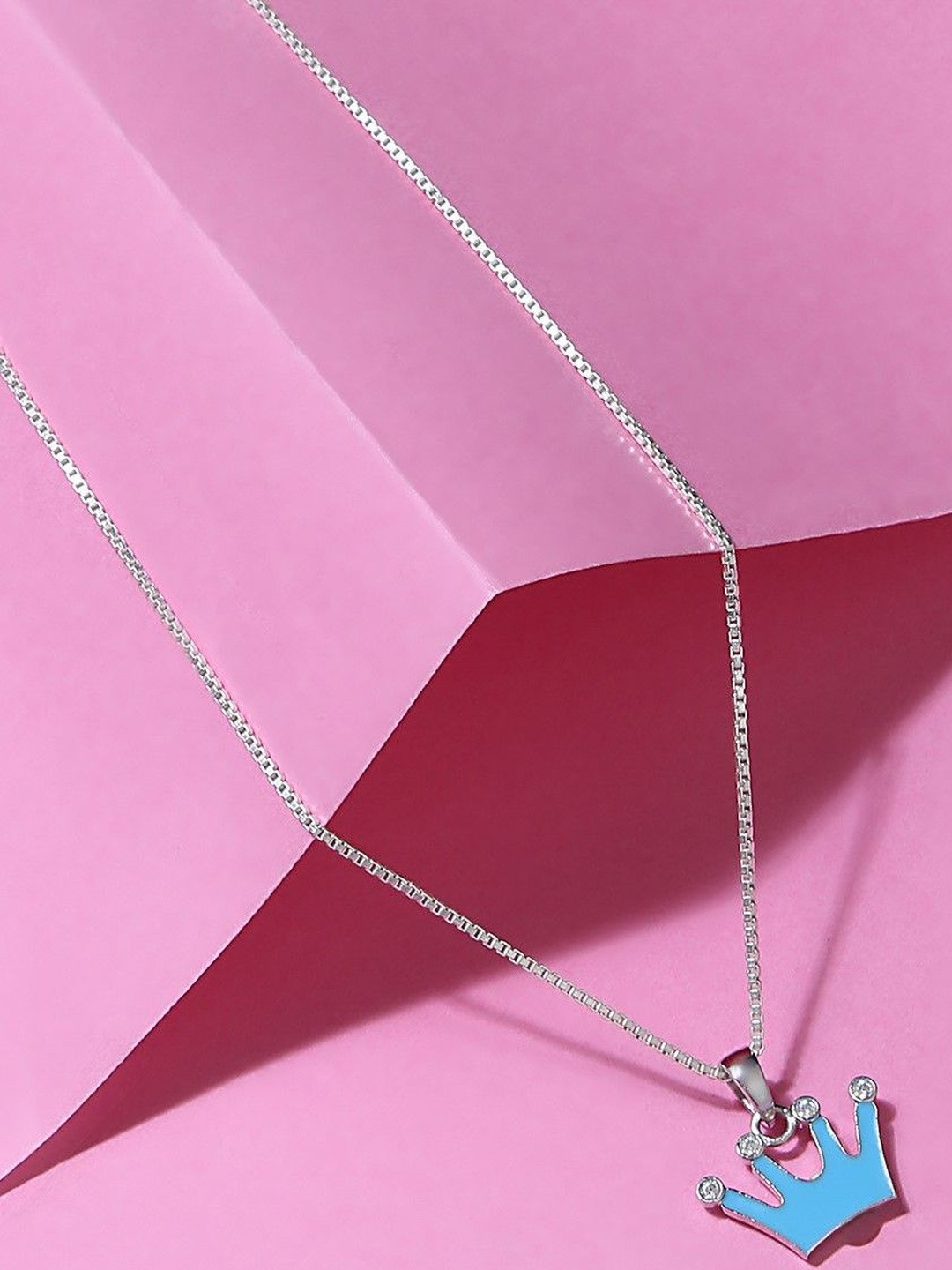 ShimmerTots Girls 925 Sterling Silver Rhodium-Plated Stones Blue Crown Pendant With Chain