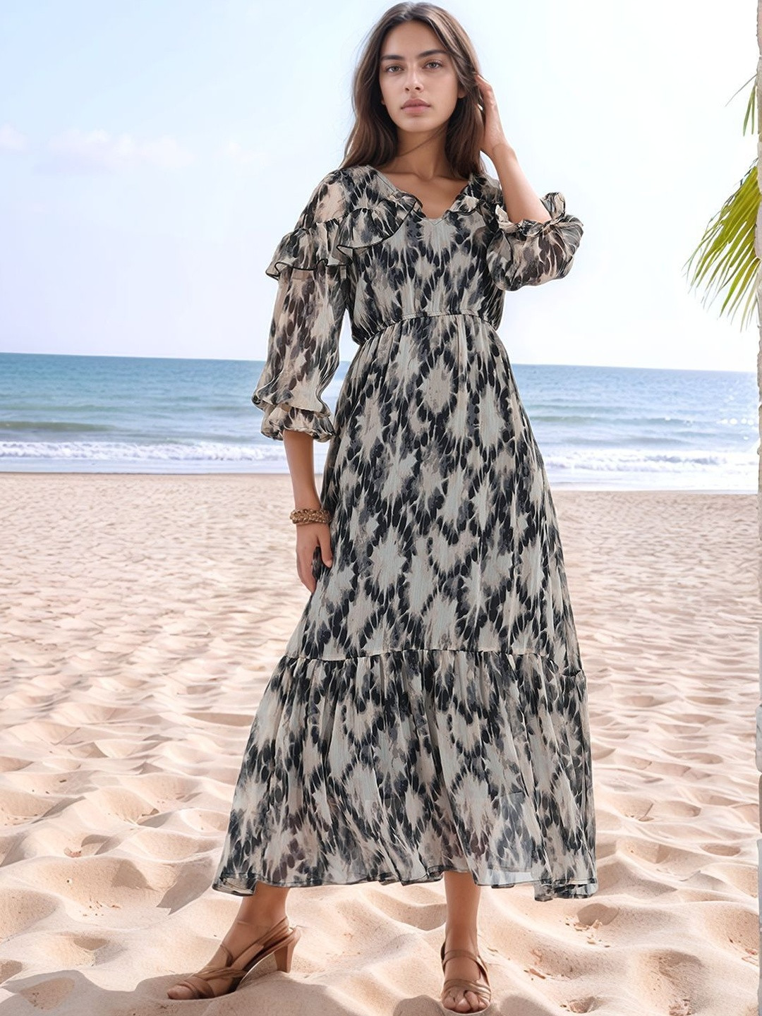 all about you Women Tie-Dye Printed Maxi Dress with Ruffles Detail