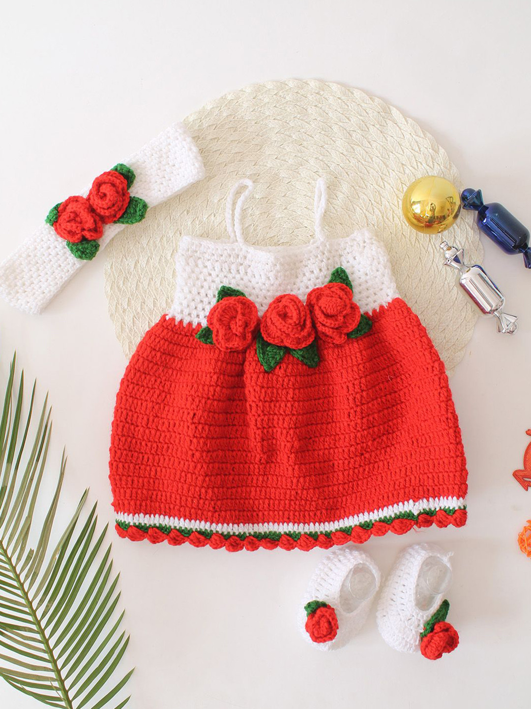 Woonie Girls Fit & Flare Crochet Dress with Cap & Booties Set