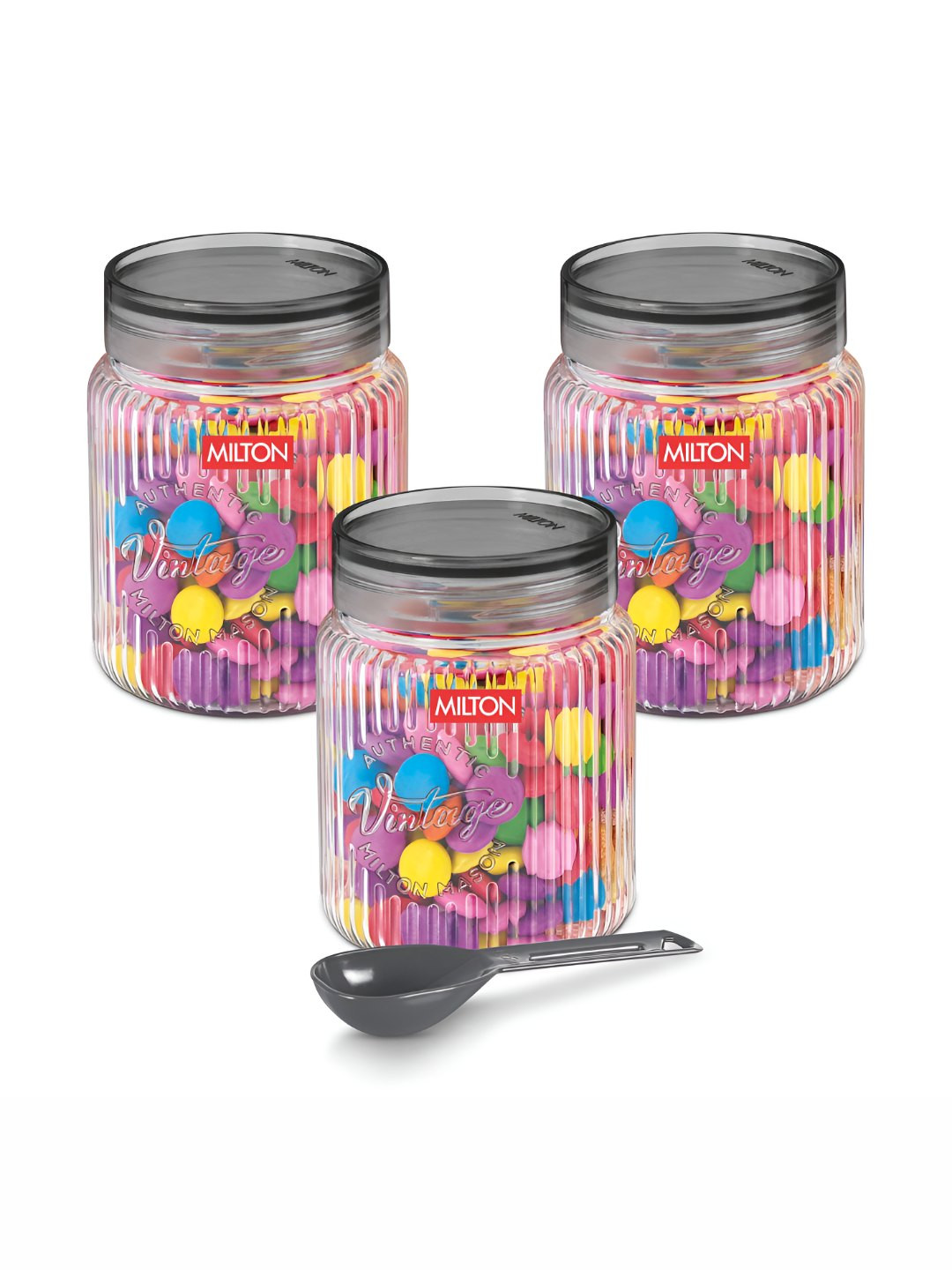 Milton Transparent & Grey 3 Pieces Air-Tight Jars with Spoons 750 ml
