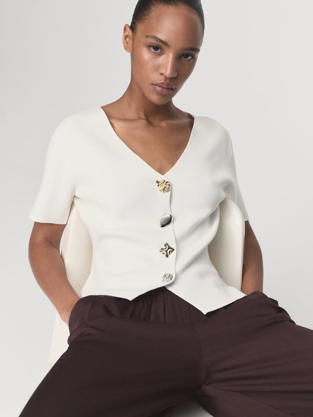 MANGO Jewel Button Knitted V-Neck Cardigan