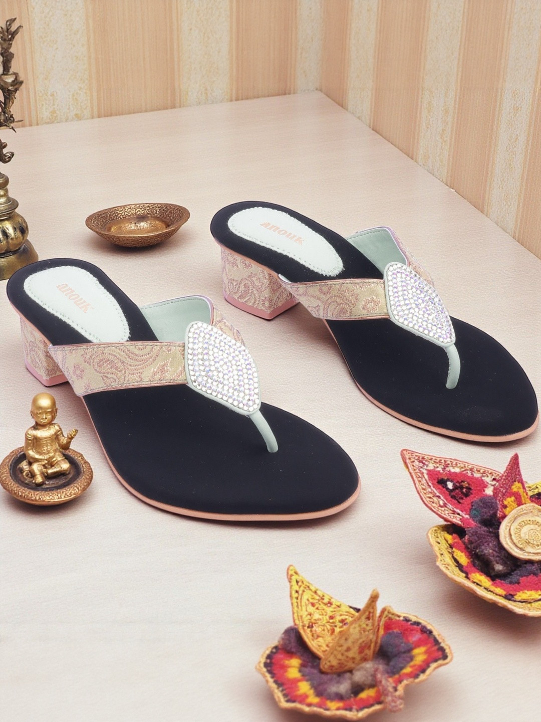 Anouk Women Green & Cream-Colored Embellished Open Toe Velvet Block Heels