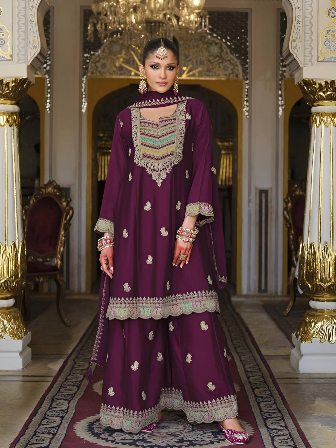 AUTUMN LANE Kasumal Paisley Embroidered Thread Work Kurta With Gharara & Dupatta
