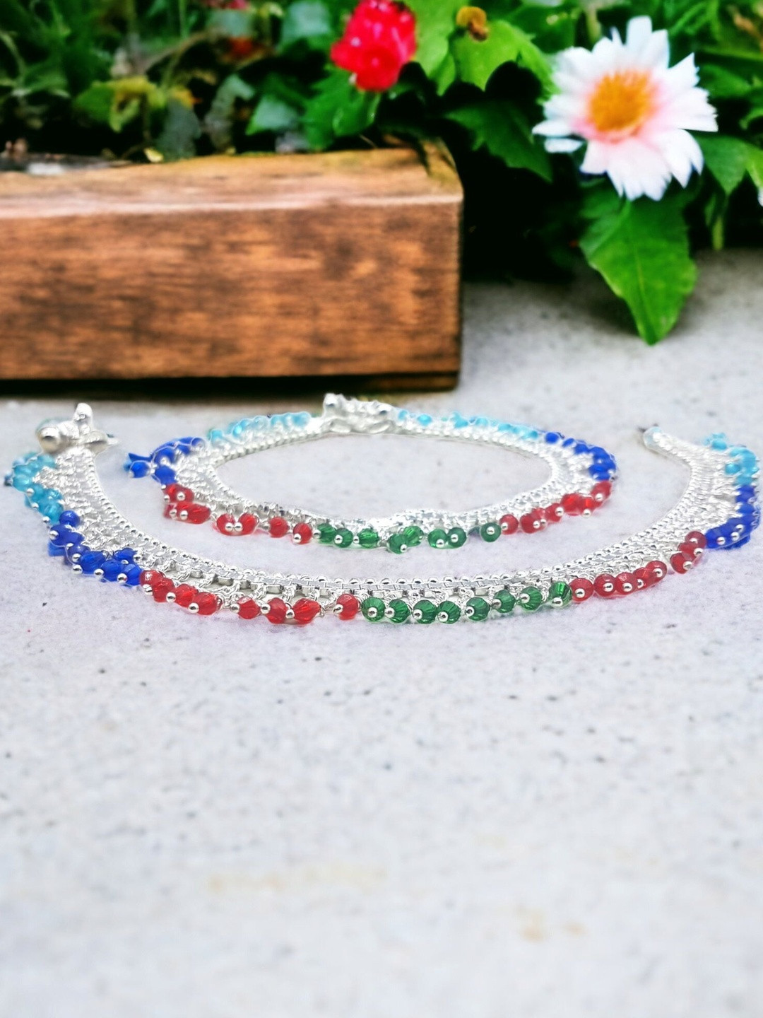 BR Ornaments  Women Silver & Multi Color Beads Silver-Plated Artificial Stones Anklet