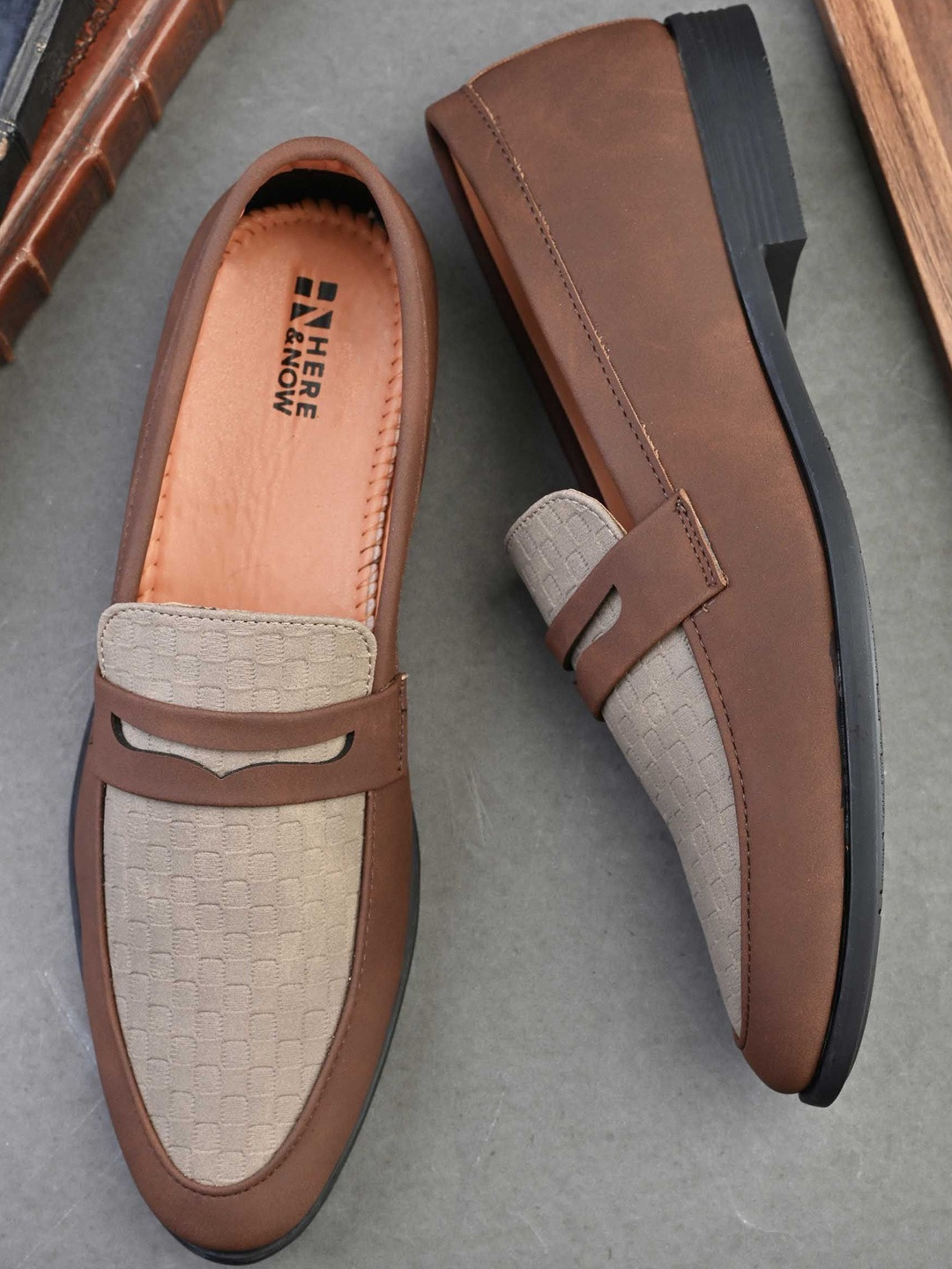 HERE&NOW Men Brown Solid Leather Textured With TRP Sole Penny formal shoes