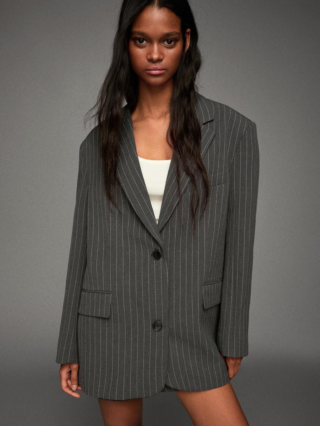 Bershka Striped Oversized Single-Breasted Blazer