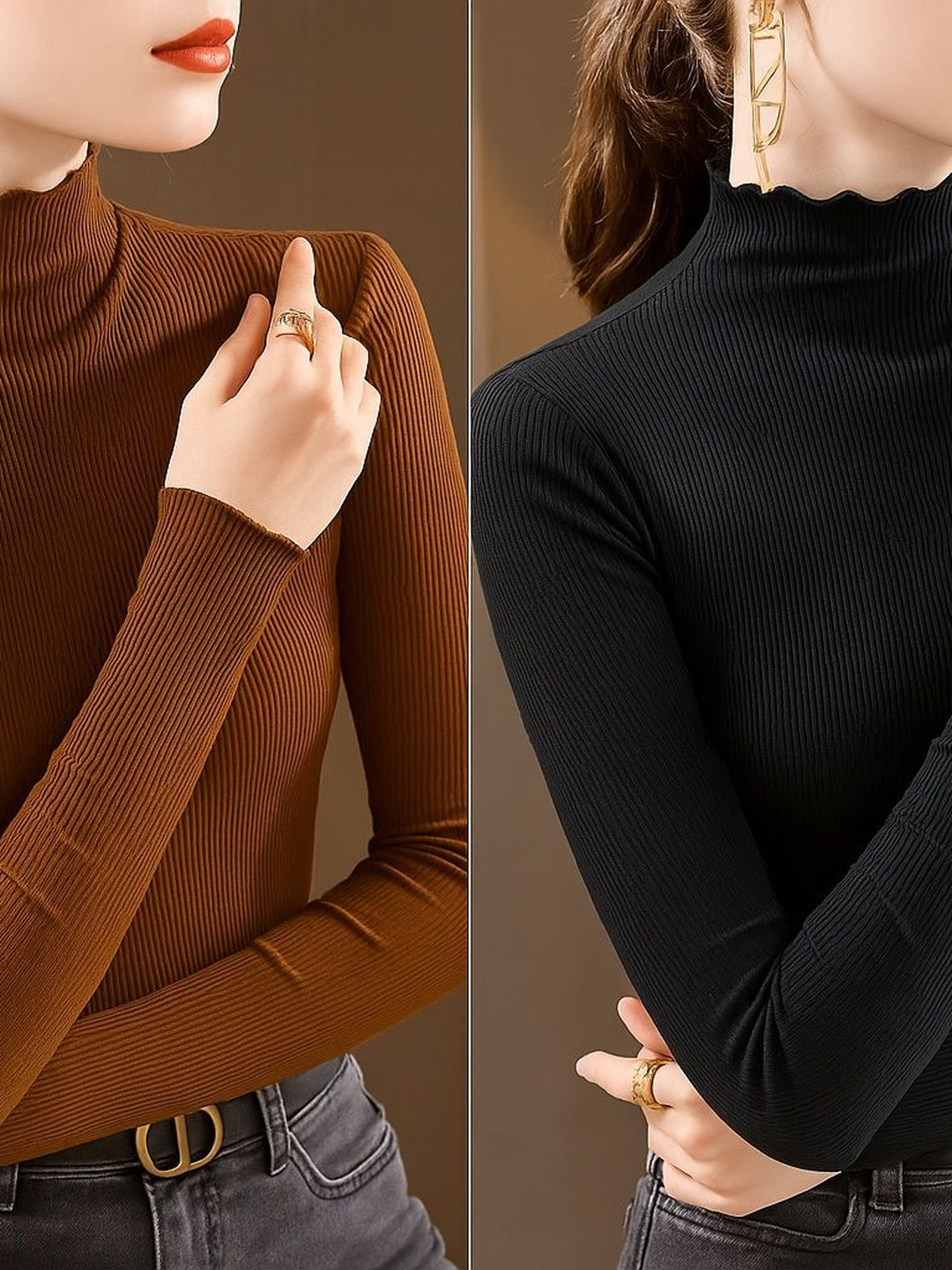 R.Code by The Roadster Life Co. Pack Of 2 Ruffles Ribbed High Neck Fitted Top