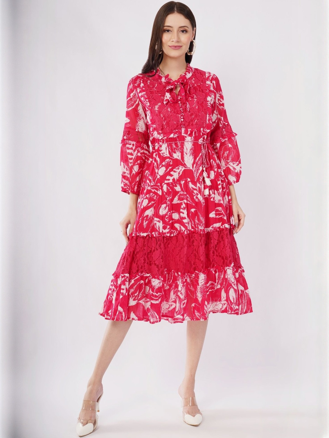 TRUE SISTERS Floral Printed Tie-Up Neck Fit & Flare Midi Dress
