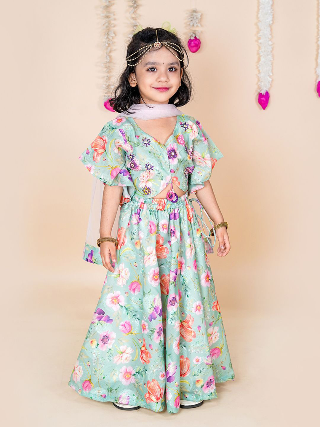 Chanda Mama Girls Embellished Sequinned Lehenga With Choli & Dupatta