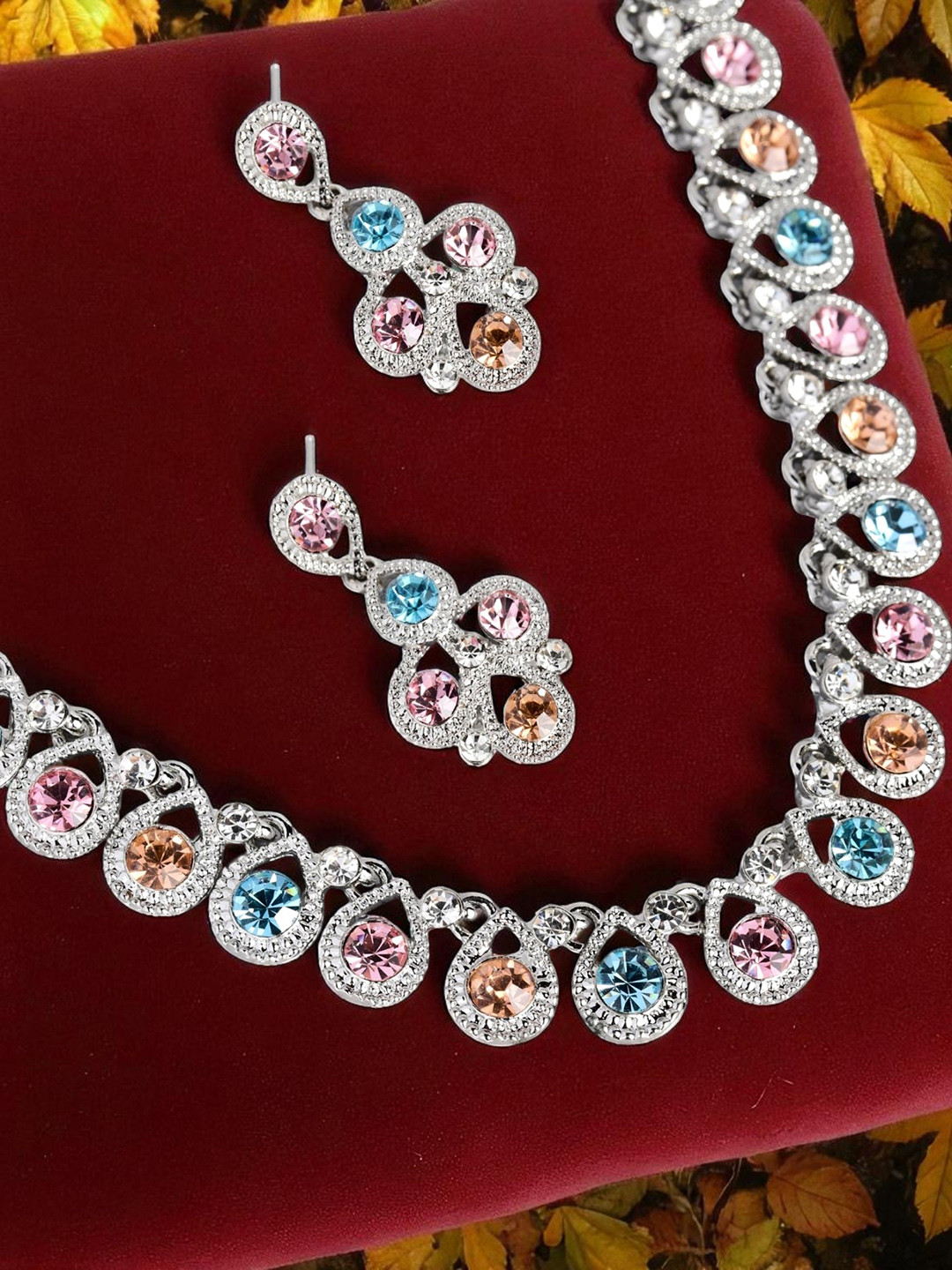 Kord Store Pink & Blue Silver Plated Australian Diamond Studded Jewellery Set