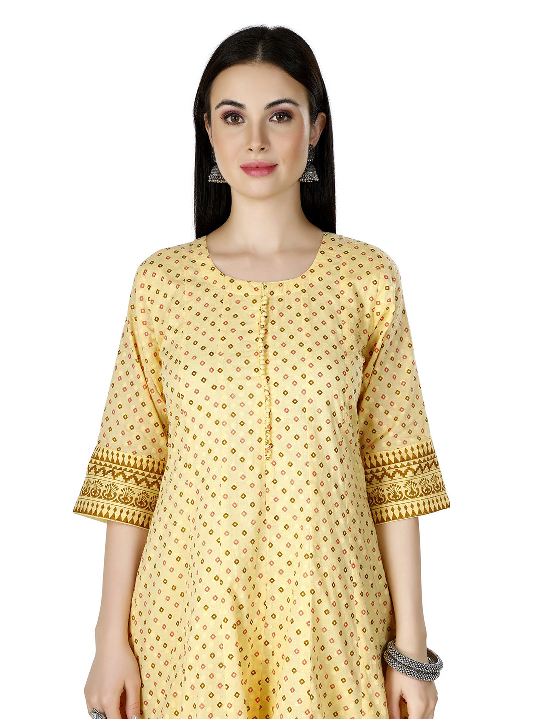 IRIS WOMEN Abstract Printed Flared Round Neck Cotton A-Line Midi Dress