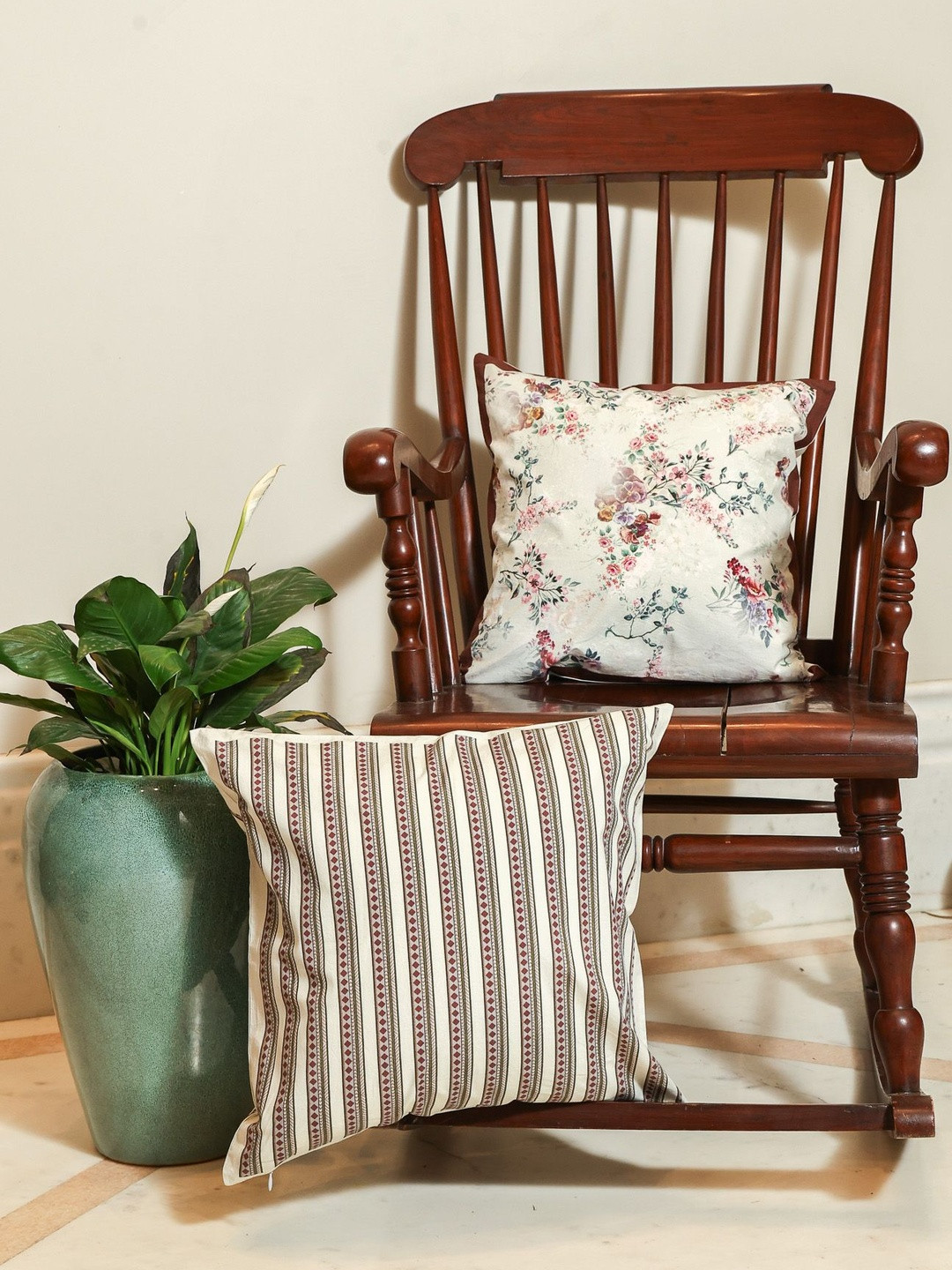 Crown of Poppies Off White & Maroon Pack of 2 Floral Square Cushion Covers