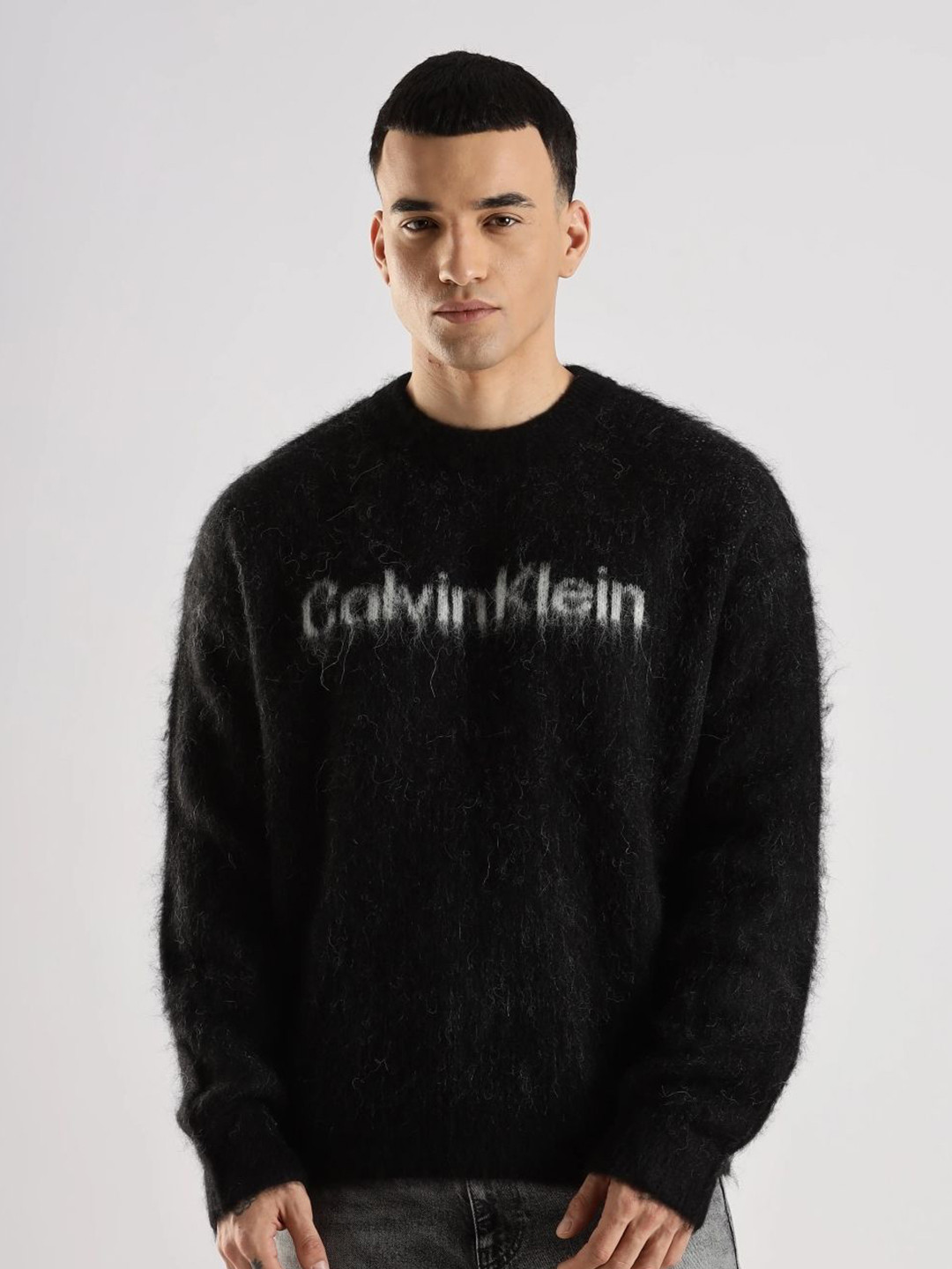 Calvin Klein Jeans Men Brand Logo Printed Round Neck Fuzzy Pullover