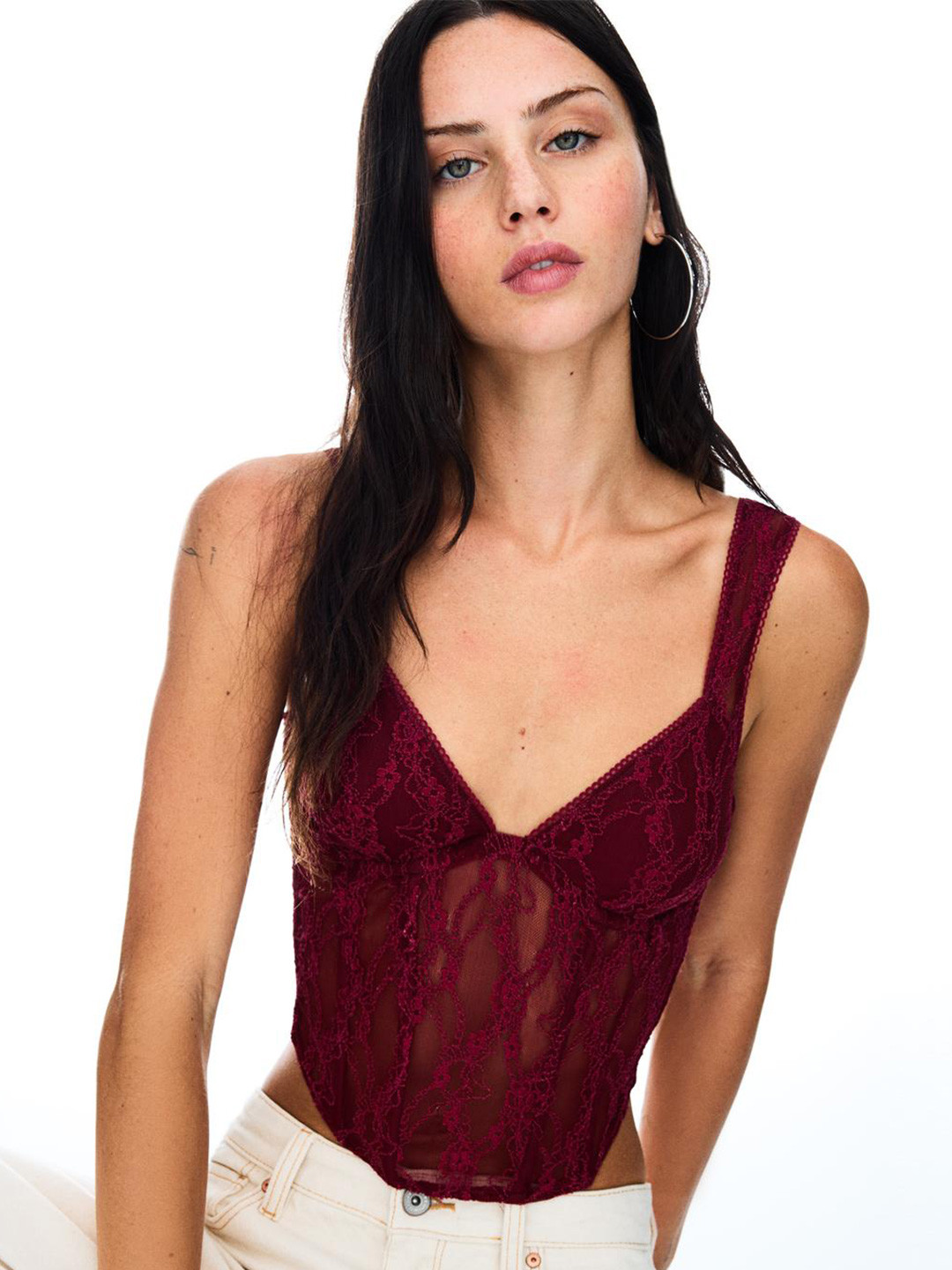 Bershka Floral Embroidered Lace Top With Straps Crop Top