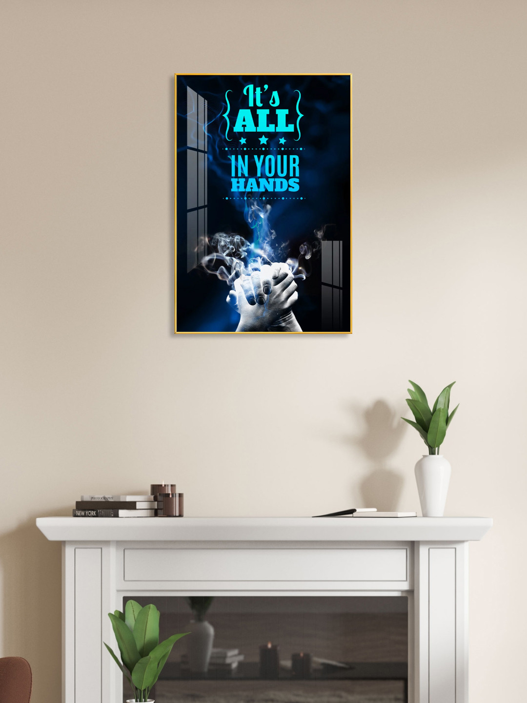 THE NEXT DECOR Blue & Grey Empower Grip Glass Finish Wooden Vertical Wall Art
