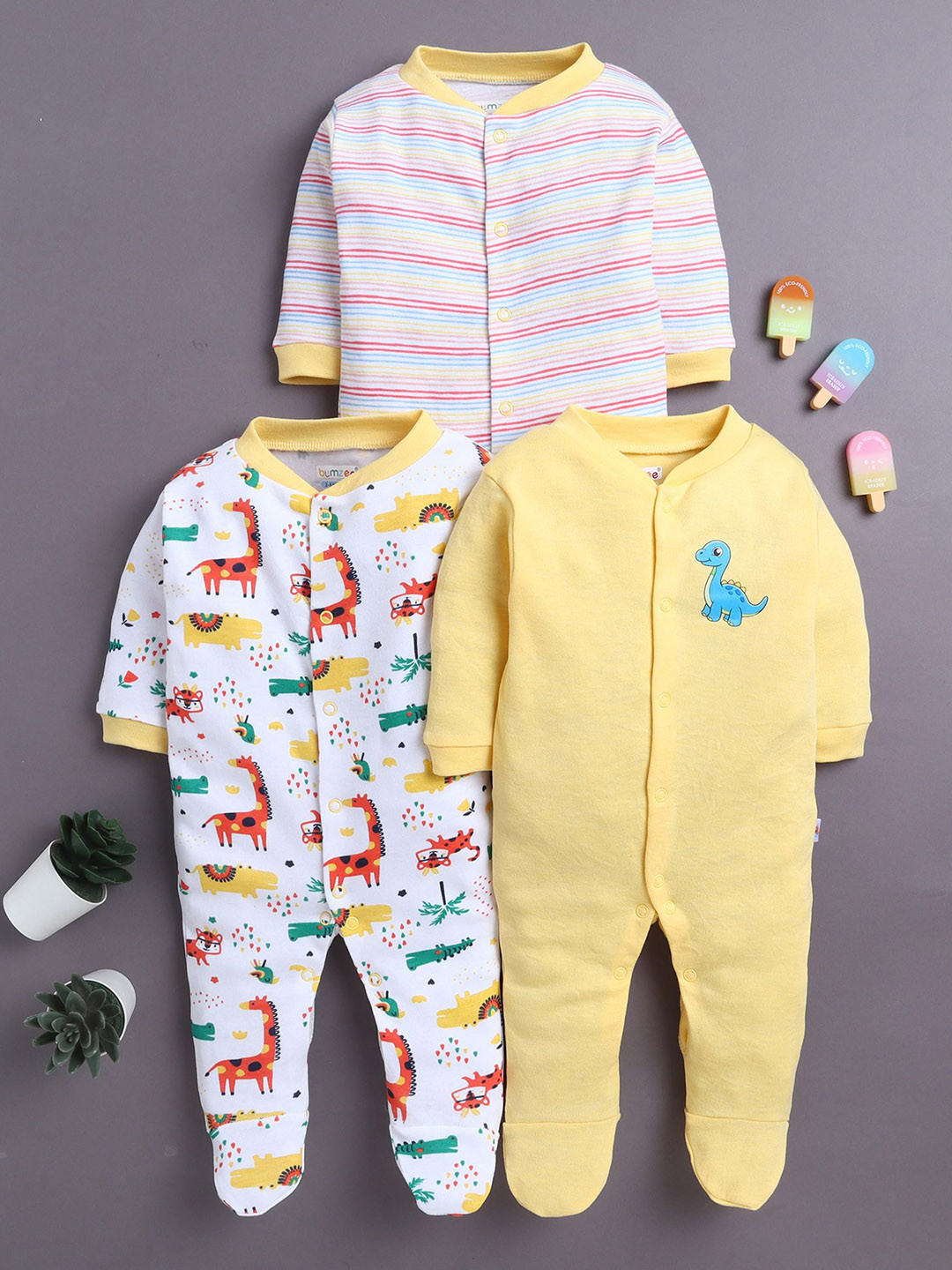 BUMZEE Infant Boys Pack of 3 Striped Cotton Sleepsuit
