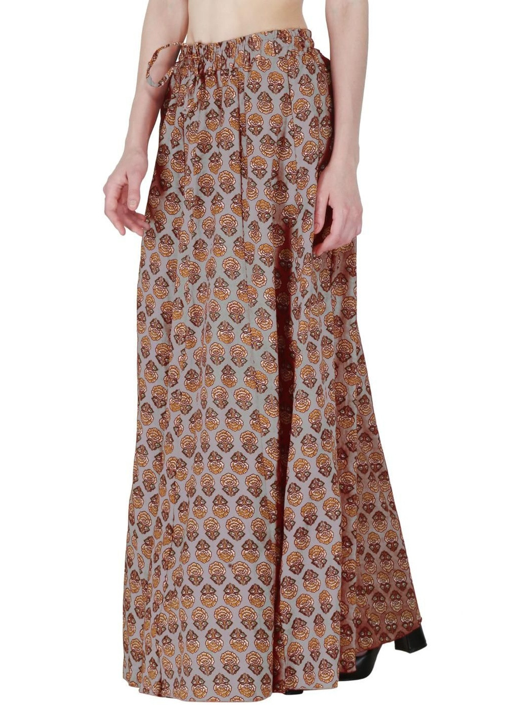 Sttoffa Women Grey Floral Printed Drawstring Pure Cotton Flared Skirts
