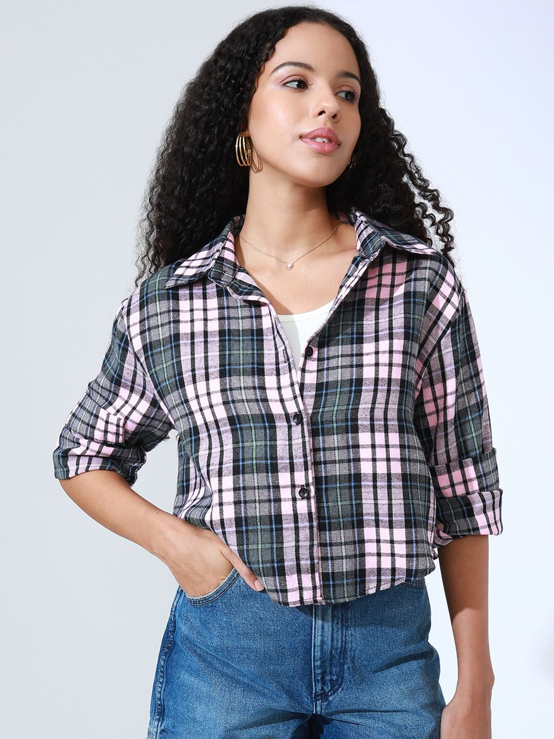 SHOWOFF Women Tartan Checks Casual Shirt with Sleeveless Inner Tank Top