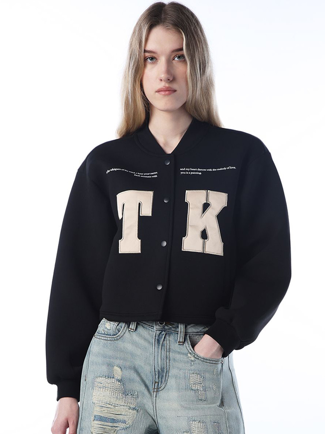 ONLY Women Mock Collar Typography Embroidered Varsity Jacket