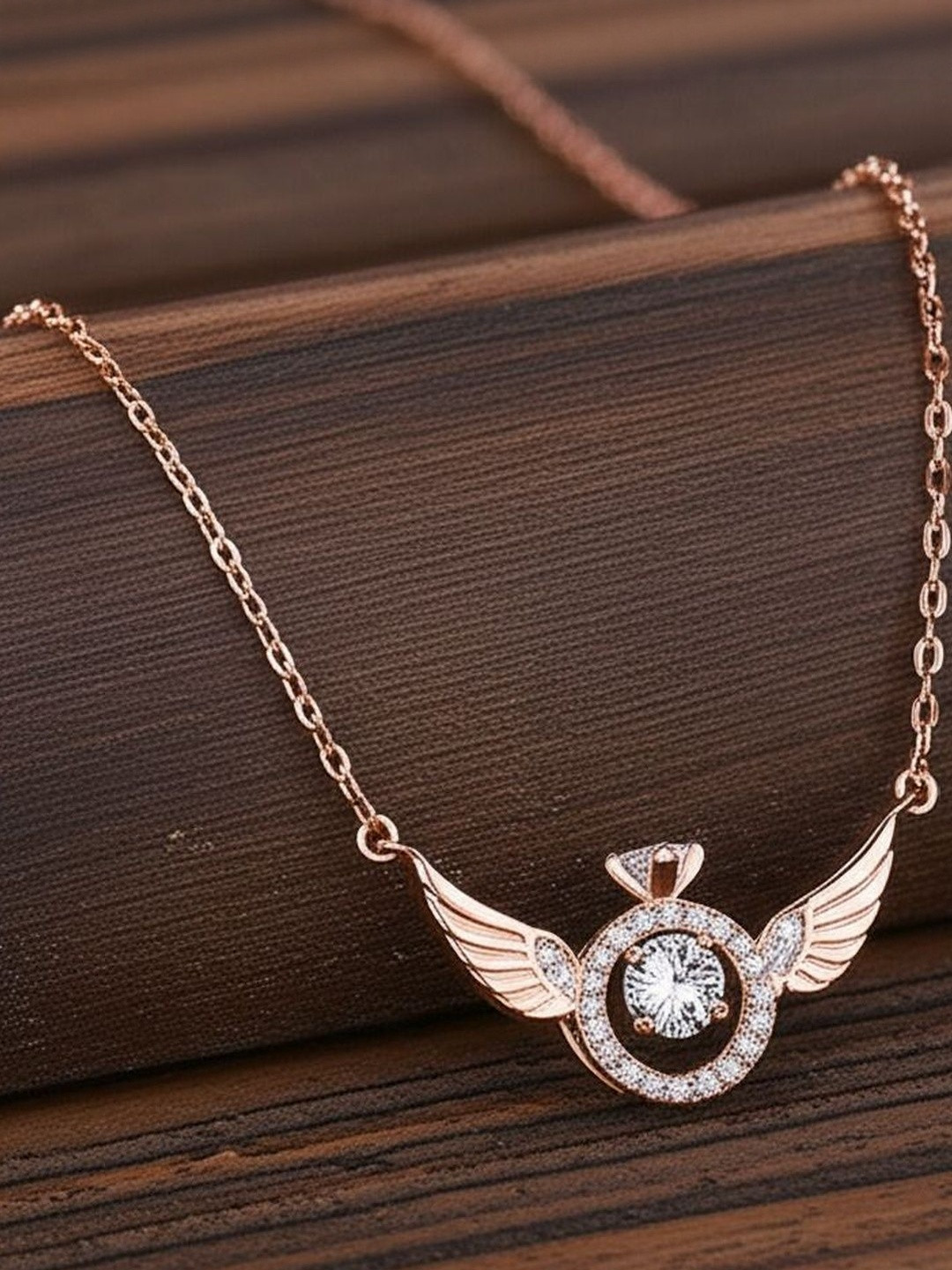 DressBerry Rose Gold-Plated Angel Wings Moving Crystal Necklace