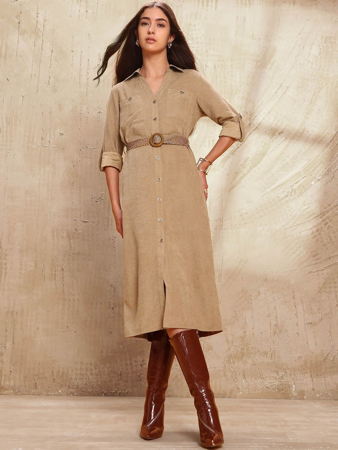 U.S. Polo Assn. Women Shirt Collar Roll-Up Sleeves Shirt Midi Dress