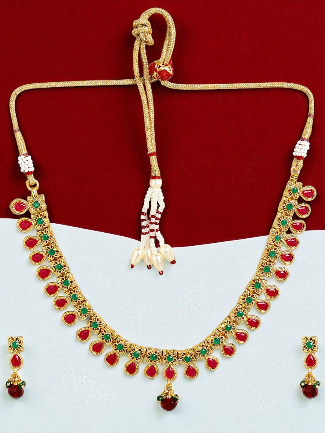 Kord Store Women Gold Plated Traditional Multi Color Stone Long Haram Necklace Set