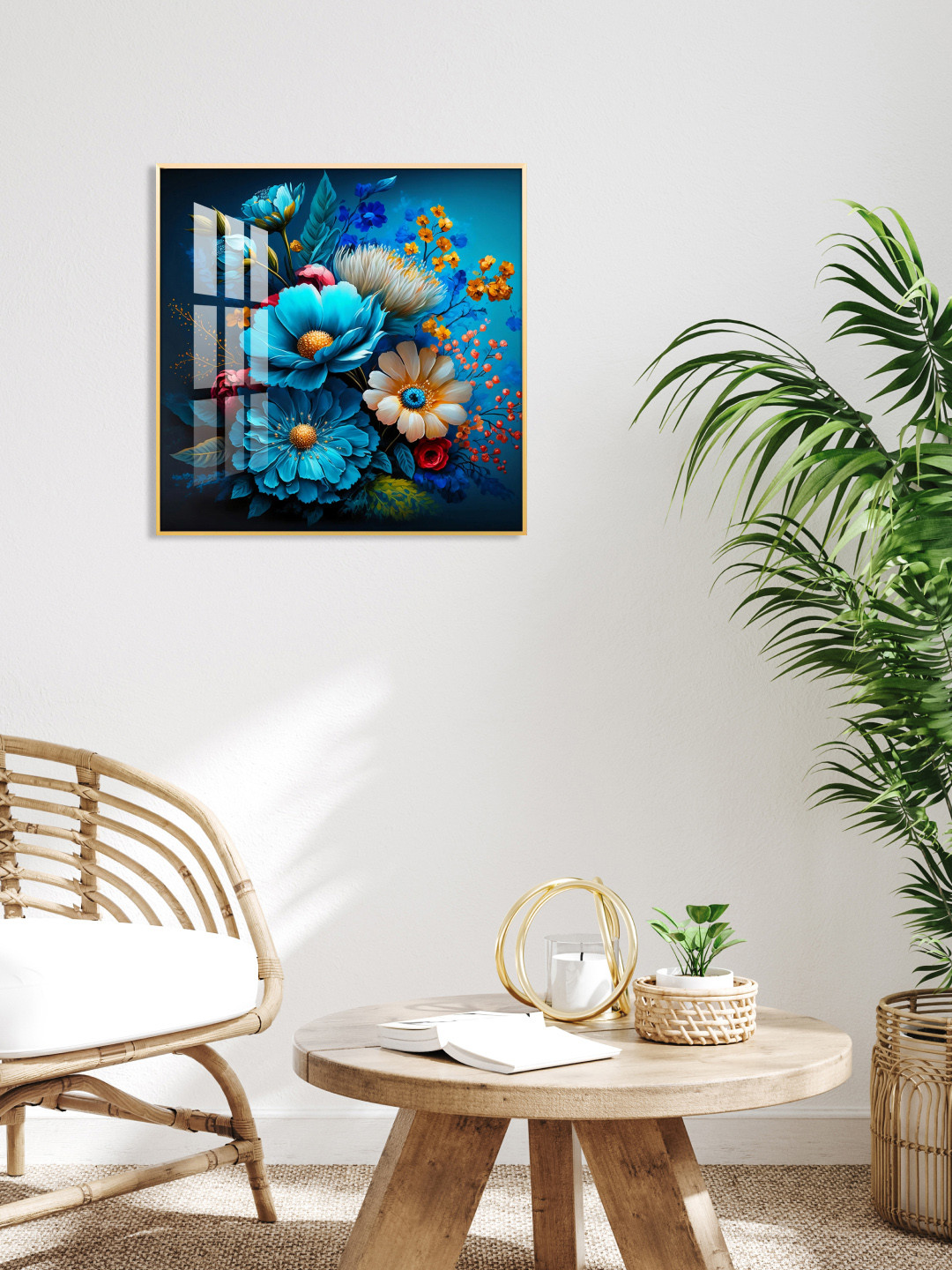 THE NEXT DECOR Off White & Blue Floral Painting  Square Wall Art