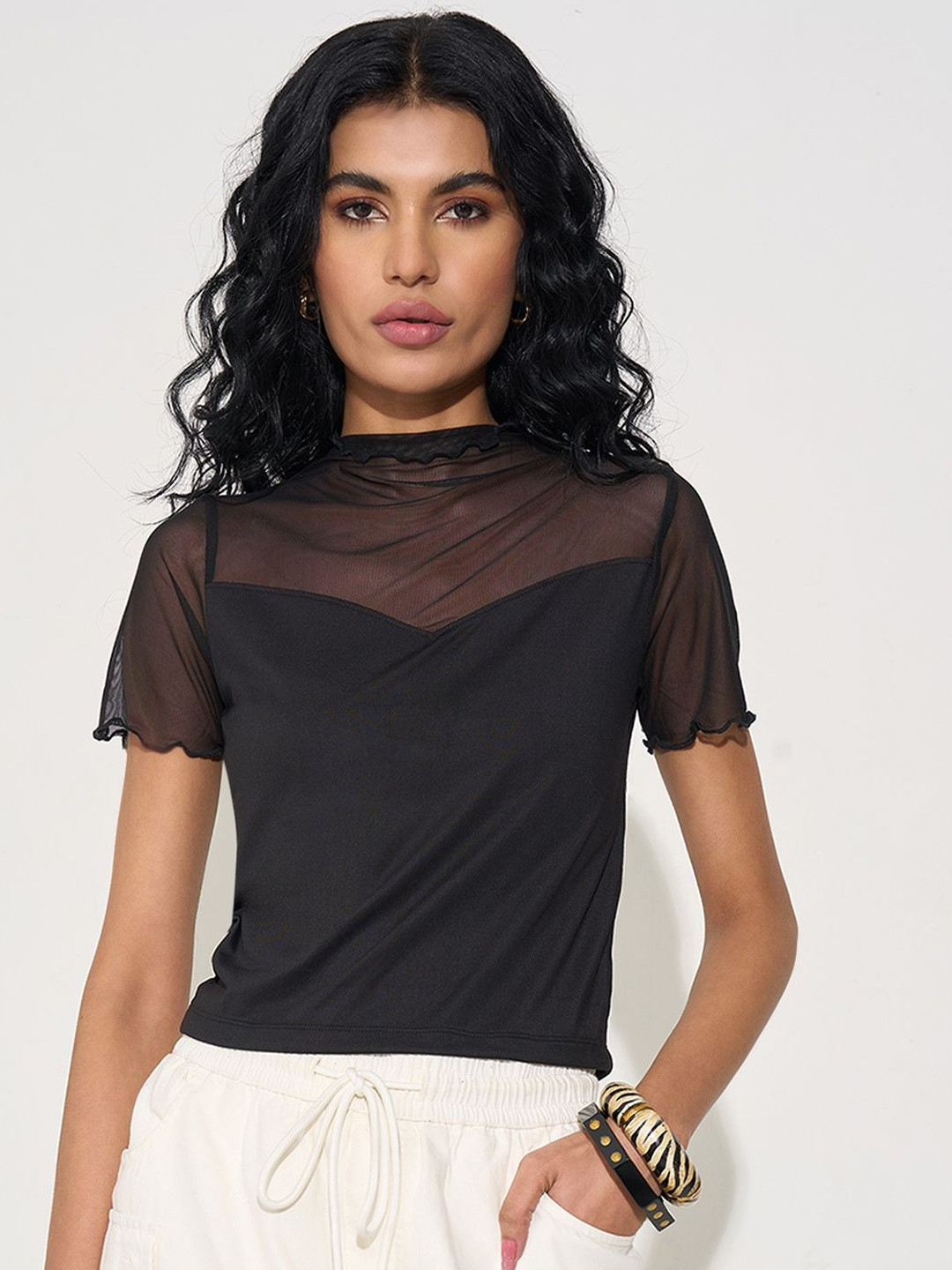 People Women High Neck Sheer Top