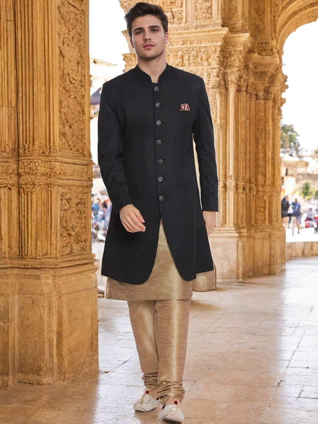 PRINTINDIA Men Front Slits Mandarin Collared Shervani Set