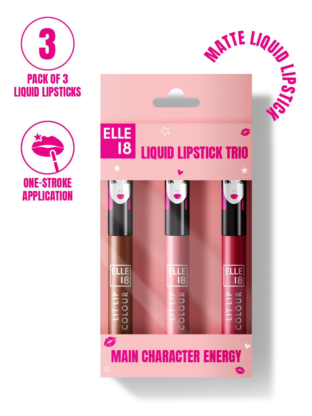 ELLE 18 3-Pcs Long Lasting Liquid Lipstick Kit 5.6 ml each - Main Character Energy