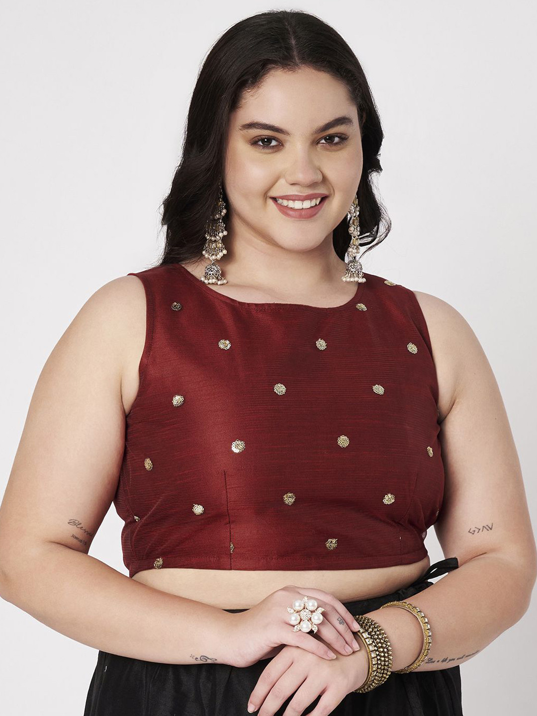 studio rasa Plus Size Sequined Embroidered Round Neck Sleeveless Net Saree Blouse