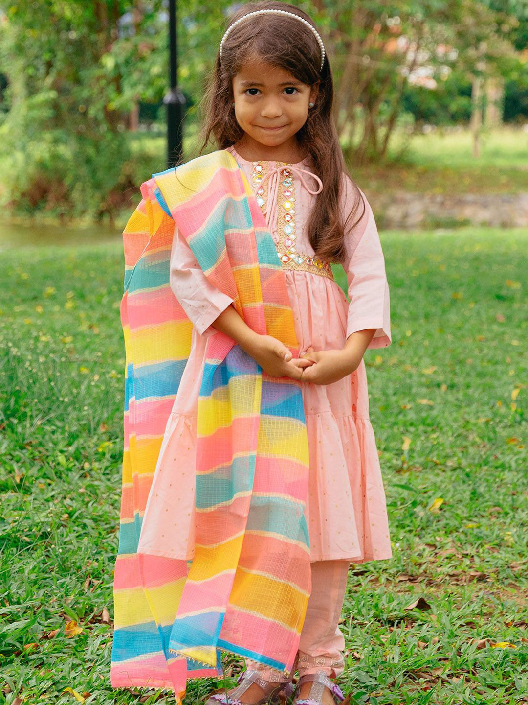 NIMBU Girls Geometric Embroidered Cotton A-Line Kurta with Churidar & Dupatta