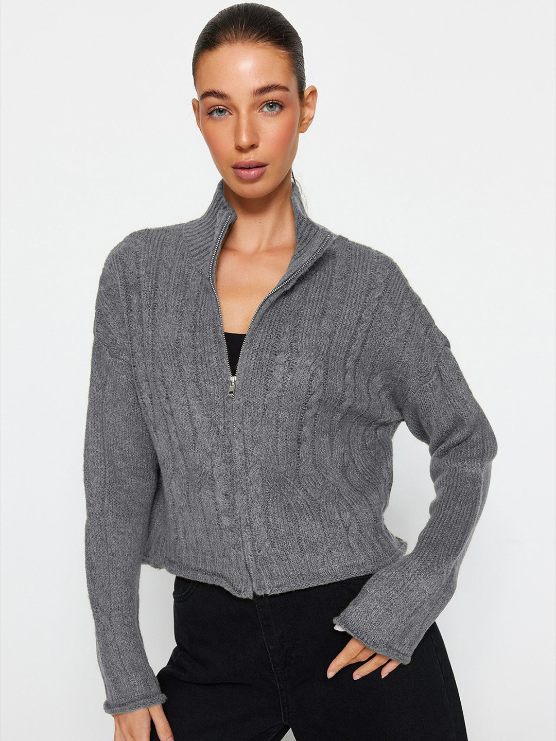 Trendyol High Neck Cable Knit Cardigan Sweater