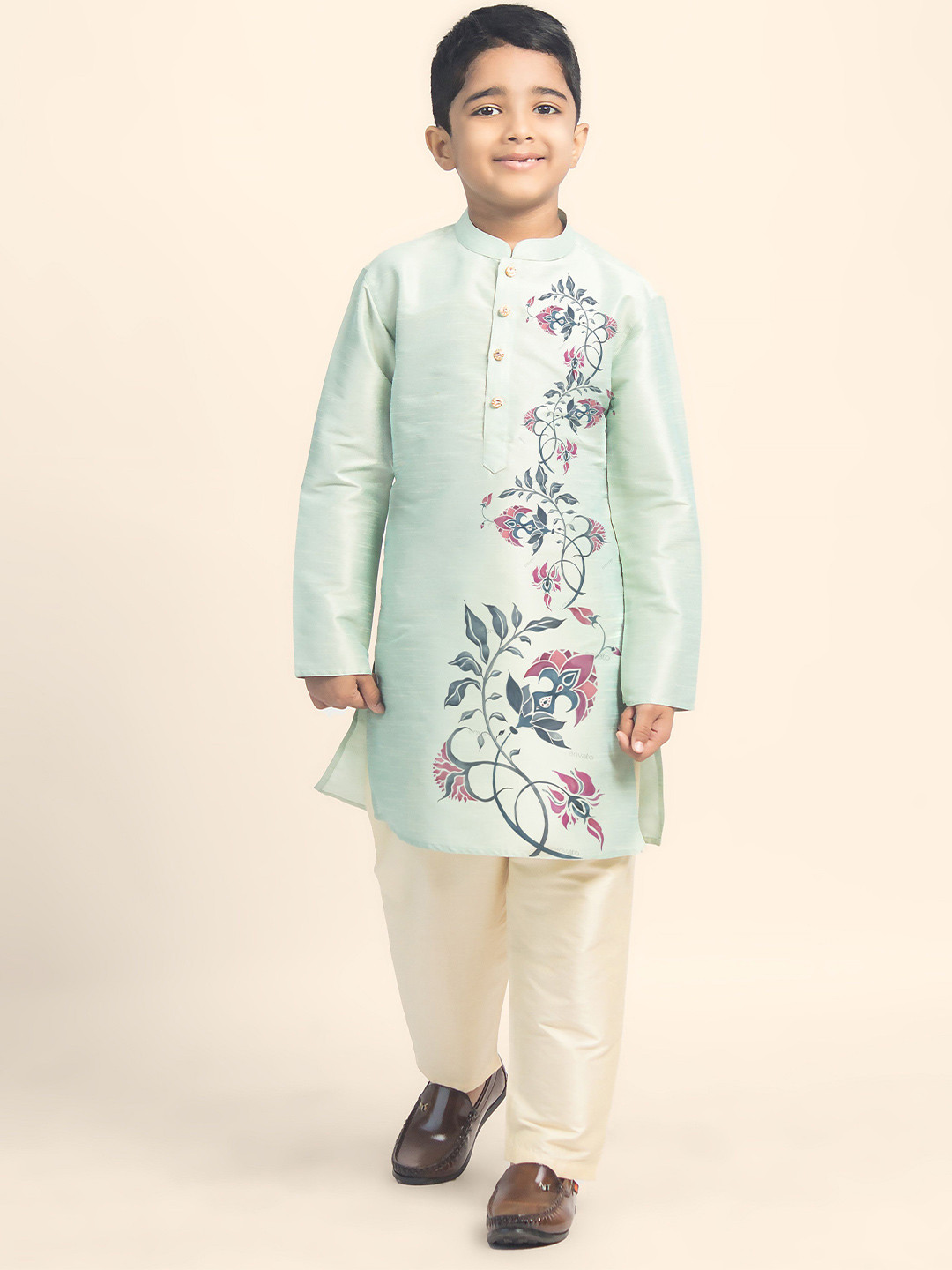 DEVOILER Boys Ethnic Motifs Printed Festive Dupion Silk Straight Kurta