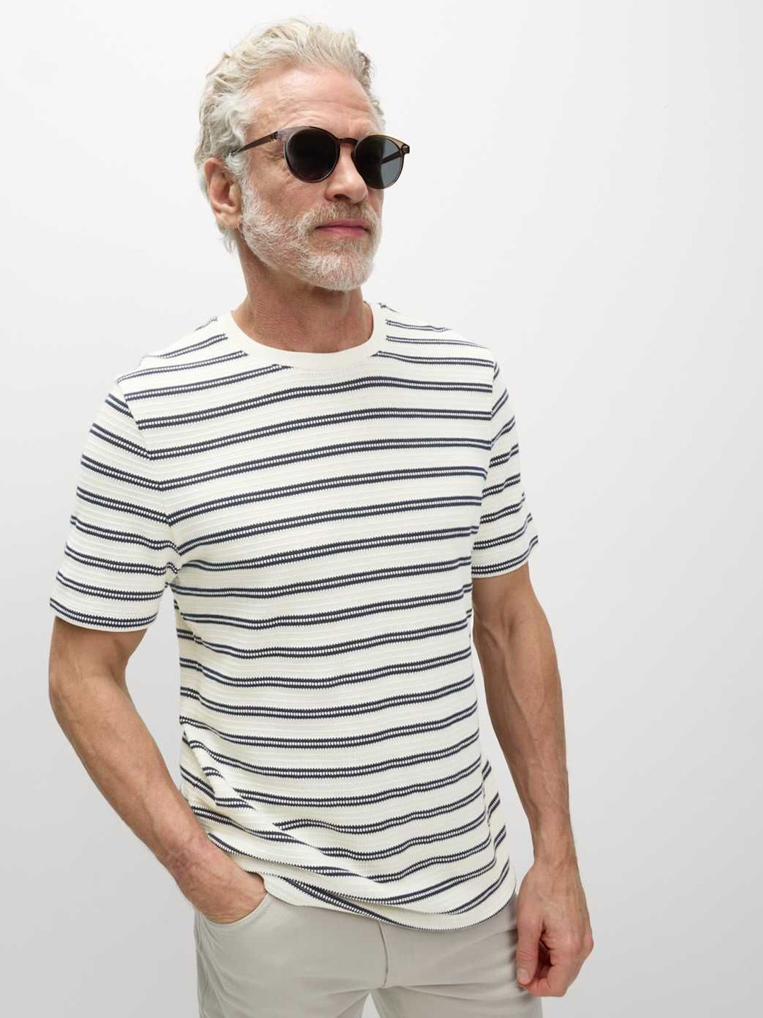 Marks & Spencer Striped Textured Round Neck T-shirt