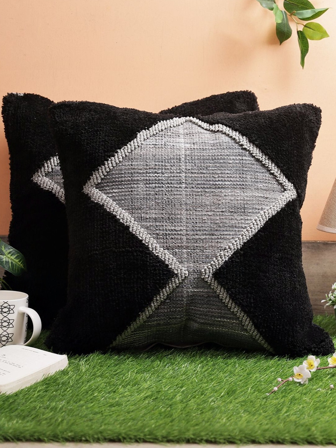 Myntra Elegant Homes Set of 2 Wool Square Geometric Cushion Covers