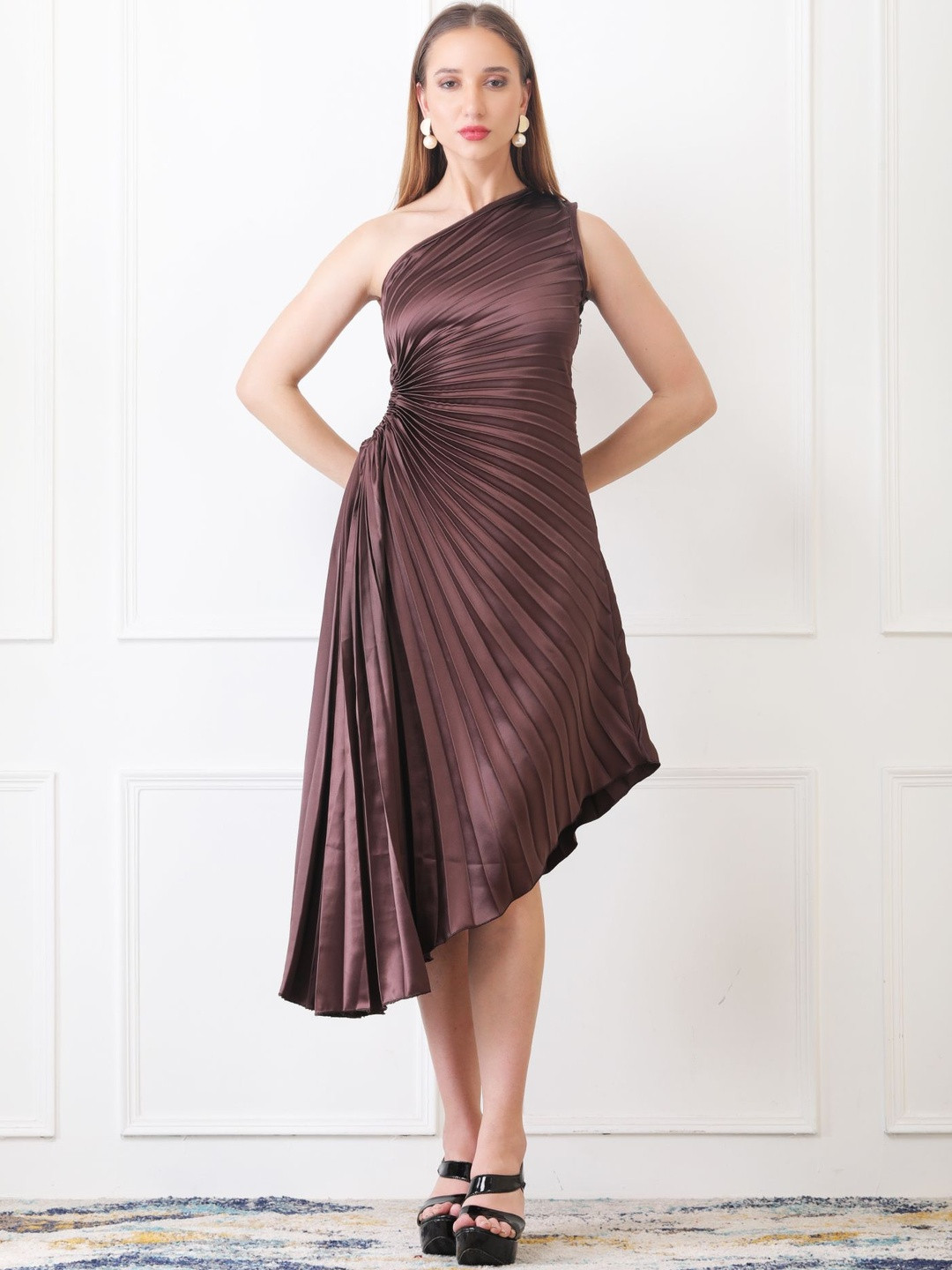 Fashion Gaiia Women One Shoulder Pleated Ruched Detail Fit & Flare Dress