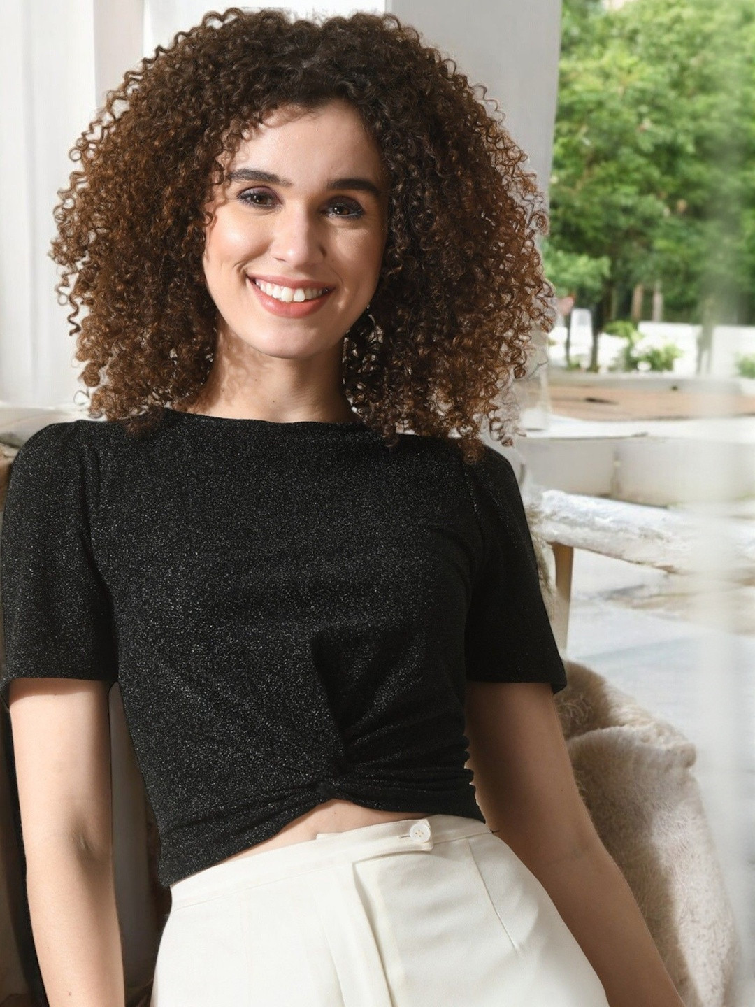 SFOTY Puff Sleeve Twisted Fitted Crop Top