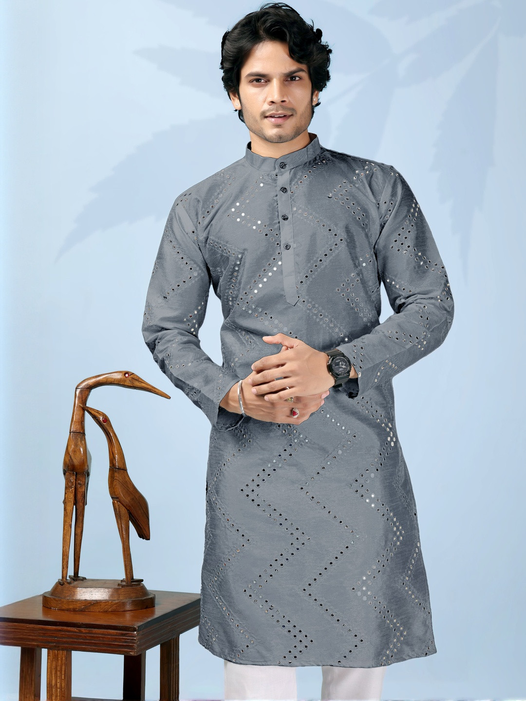ORIFAB Men Geometric Embroidered Straight Kurta