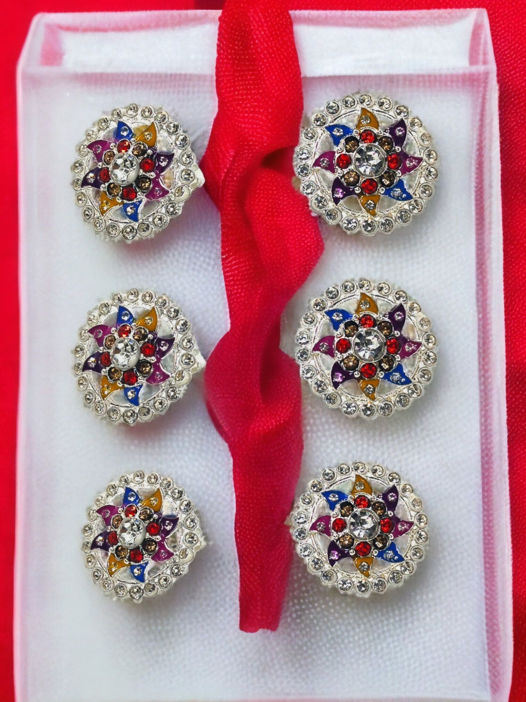 BR Ornaments Set of 6 Silver-Plated Meenakari & Artificial Stones Studded Toe Rings