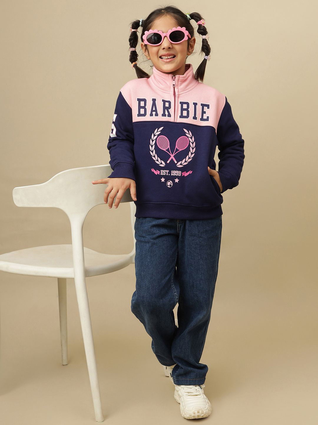 Kids Ville Girls Barbie Printed Mock Collar Sweatshirt