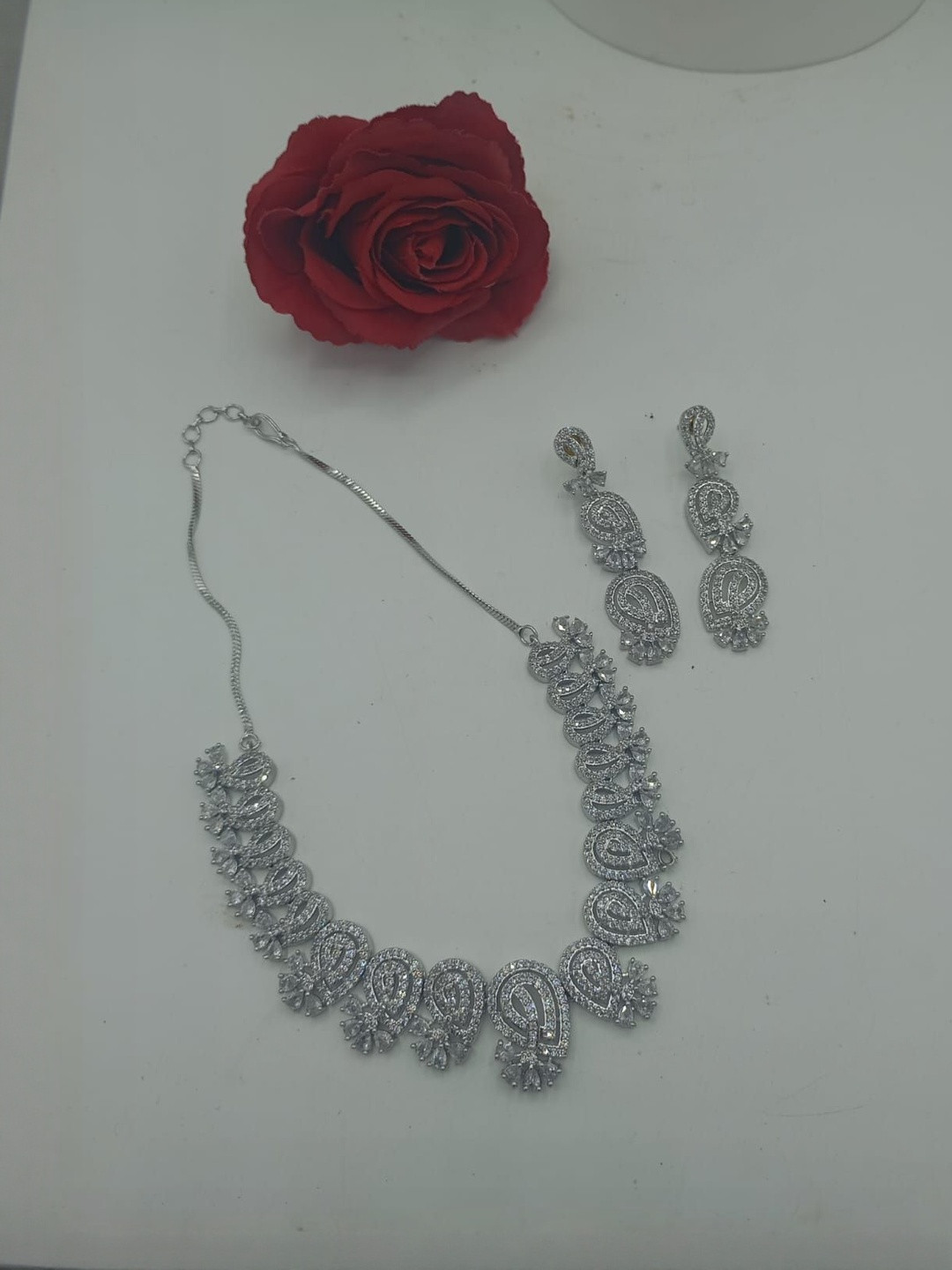 NEW AMBAJI ART JEWELLERY Women Silver Rhodium-Plated American Diamond Jewellery Set