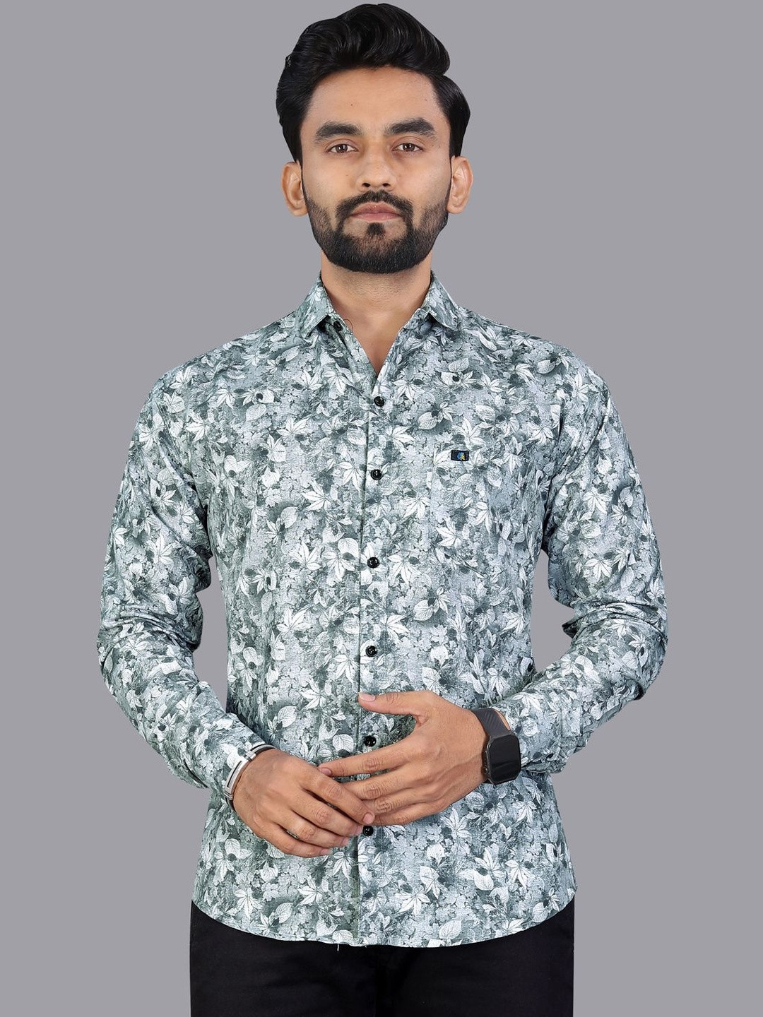 ISUEL FAB Men Grey Casual Wear Printed Pure Cotton Slim Fit Shirt